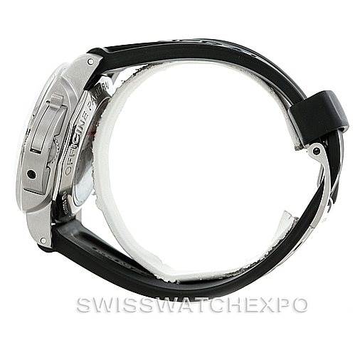 The image shows a side view of a Panerai Luminor PAM00312 Men's Stainless Steel Black Dial PAM00312 Men's Stainless Steel Black Dial watch, highlighting the crown guard, case back, and black strap.