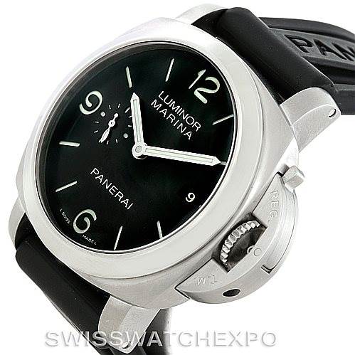 The image shows a Panerai Luminor PAM00312 Men's Stainless Steel Black Dial PAM00312 Men's Stainless Steel Black Dial Marina watch from a front angle, highlighting the dial, case, crown guard, and strap.