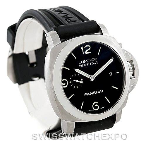 This image shows a Panerai Luminor PAM00312 Men's Stainless Steel Black Dial PAM00312 Men's Stainless Steel Black Dial Marina watch at an angle displaying the face, case, and rubber strap.