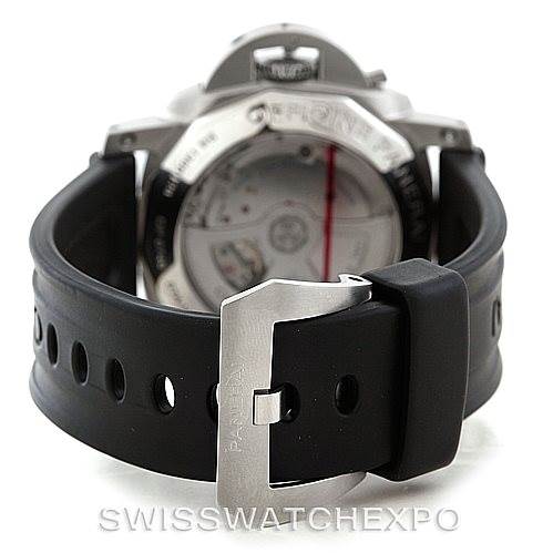 The image shows the back view of a Panerai Luminor PAM00312 Men's Stainless Steel Black Dial PAM00312 Men's Stainless Steel Black Dial watch, focusing on its buckle and case back.