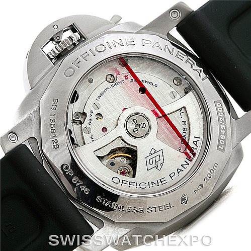 The image shows the back of the Panerai Luminor PAM00312 Men's Stainless Steel Black Dial PAM00312 Men's Stainless Steel Black Dial watch, highlighting the transparent case back revealing the movement mechanism.