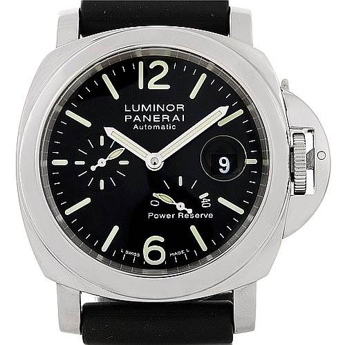 The image shows a front view of a Panerai Luminor PAM00090 Men's Stainless Steel Black Dial PAM00090 Men's Stainless Steel Black Dial model watch, displaying the face, crown guard, and black strap.