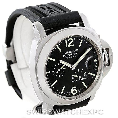 This image shows a front angle of a Panerai Luminor PAM00090 Men's Stainless Steel Black Dial PAM00090 Men's Stainless Steel Black Dial watch, displaying its dial, bezel, crown guard, and rubber strap.