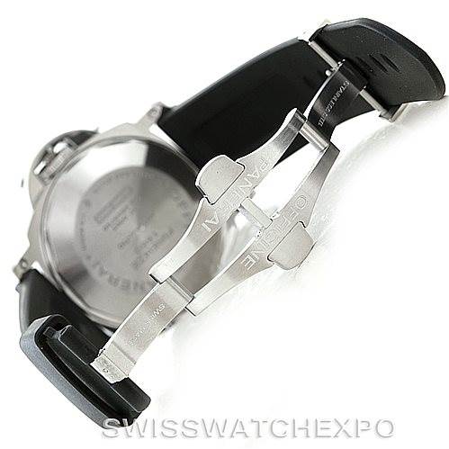 This image shows the back and clasp of a Panerai Luminor PAM00090 Men's Stainless Steel Black Dial PAM00090 Men's Stainless Steel Black Dial watch, including the engraved buckle and the rear case.