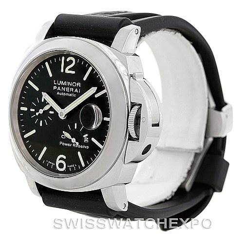 The image shows a side angle of a Panerai Luminor PAM00090 Men's Stainless Steel Black Dial PAM00090 Men's Stainless Steel Black Dial watch, highlighting its black dial, stainless steel case, and black strap.