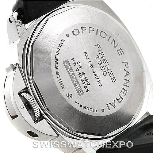 This image shows the stainless steel back case and crown guard of a Panerai Luminor PAM00090 Men's Stainless Steel Black Dial PAM00090 Men's Stainless Steel Black Dial watch.