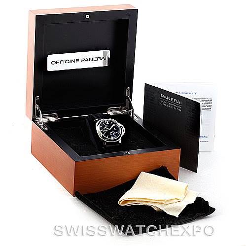 The image shows a Panerai Luminor PAM00090 Men's Stainless Steel Black Dial PAM00090 Men's Stainless Steel Black Dial watch in an open wooden box with a booklet and cloth accessories beside it.
