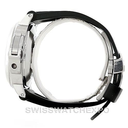 The image shows a side view of a Panerai Luminor PAM00090 Men's Stainless Steel Black Dial PAM00090 Men's Stainless Steel Black Dial watch, highlighting the case, crown guard, and black strap.