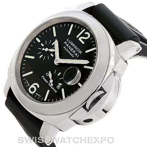 The image shows a Panerai Luminor PAM00090 Men's Stainless Steel Black Dial PAM00090 Men's Stainless Steel Black Dial watch at an angled side view, highlighting the case, black dial, crown guard, and strap.