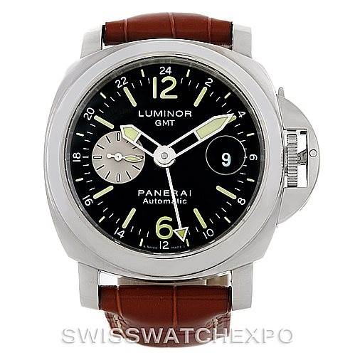 The image shows a front view of the Panerai Luminor PAM00088 Men's Stainless Steel Black Dial PAM00088 Men's Stainless Steel Black Dial GMT watch, highlighting the dial, case, and brown leather strap.
