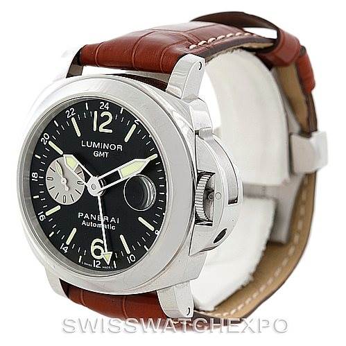 The image shows a Panerai Luminor PAM00088 Men's Stainless Steel Black Dial PAM00088 Men's Stainless Steel Black Dial watch angled slightly from the front, displaying the watch face, crown protector, and leather strap.