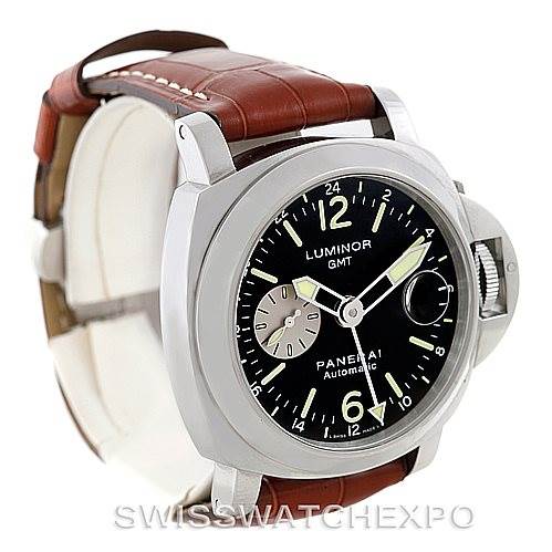 The image shows a Panerai Luminor PAM00088 Men's Stainless Steel Black Dial PAM00088 Men's Stainless Steel Black Dial GMT watch at an angled side view highlighting the dial, case, crown guard, and leather strap.
