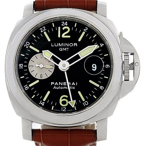 The image shows a front view of the Panerai Luminor PAM00088 Men's Stainless Steel Black Dial PAM00088 Men's Stainless Steel Black Dial GMT watch, highlighting its dial, hands, crown protector, and brown leather strap.