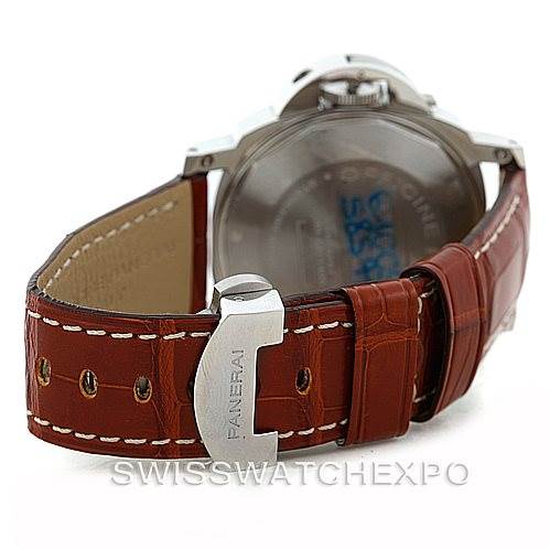 This image shows the back and clasp of a Panerai Luminor PAM00088 Men's Stainless Steel Black Dial PAM00088 Men's Stainless Steel Black Dial watch, displaying its leather strap and engraved buckle.