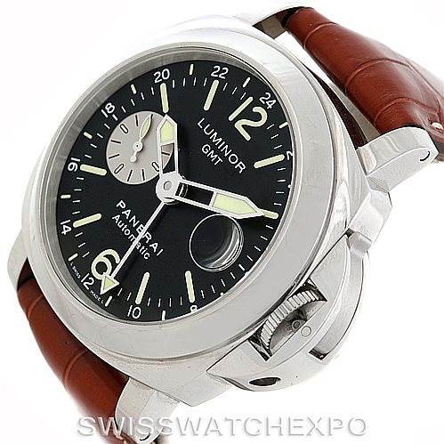The image shows a Panerai Luminor PAM00088 Men's Stainless Steel Black Dial PAM00088 Men's Stainless Steel Black Dial GMT watch from a front angle, highlighting the dial, bezel, and part of the brown leather strap.