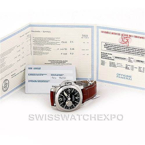 The image shows a Panerai Luminor PAM00088 Men's Stainless Steel Black Dial PAM00088 Men's Stainless Steel Black Dial watch with documents, including certificates and a leather strap.