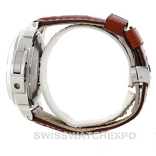 This Panerai Luminor PAM00088 Men's Stainless Steel Black Dial PAM00088 Men's Stainless Steel Black Dial watch is shown in a side profile, highlighting the case and brown leather strap.