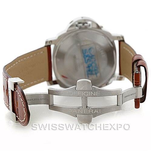 The image shows the back view of a Panerai Luminor PAM00088 Men's Stainless Steel Black Dial PAM00088 Men's Stainless Steel Black Dial watch, focusing on the open clasp and leather strap.