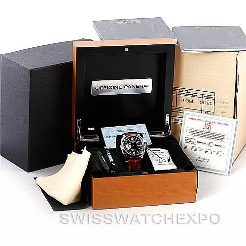 The image displays a Panerai Luminor PAM00088 Men's Stainless Steel Black Dial PAM00088 Men's Stainless Steel Black Dial model watch at a front angle, along with its box, warranty card, instruction manual, and other accessories.