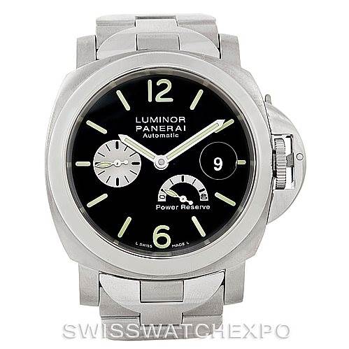 The image shows a front view of a Panerai Luminor PAM00171 Men's Titanium Black Dial PAM00171 Men's Titanium Black Dial watch, detailing its face, dial, stainless steel case, and bracelet.