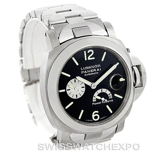 The image shows a front-angle view of a Panerai Luminor PAM00171 Men's Titanium Black Dial PAM00171 Men's Titanium Black Dial watch, displaying its dial, crown guard, and metal bracelet.