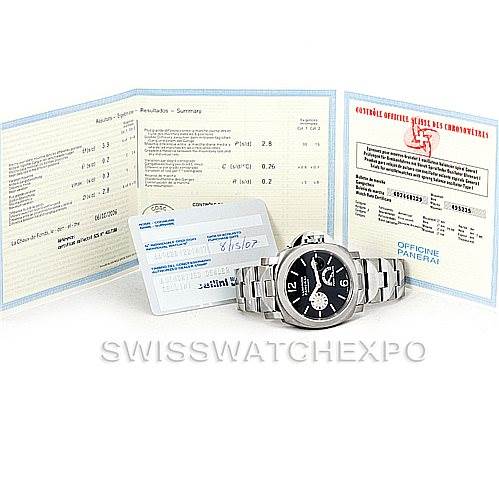 The image shows a Panerai Luminor PAM00171 Men's Titanium Black Dial PAM00171 Men's Titanium Black Dial watch at a slight angle with its paperwork and documents displayed behind it.