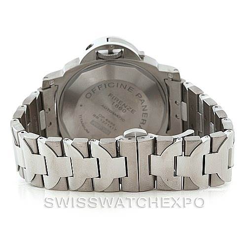 The image shows the back case and bracelet of the Panerai Luminor PAM00171 Men's Titanium Black Dial PAM00171 Men's Titanium Black Dial watch from a rear angle.