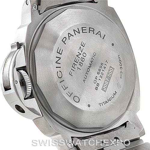 The image shows the back case of a Panerai Luminor PAM00171 Men's Titanium Black Dial PAM00171 Men's Titanium Black Dial watch, detailing information such as the model, material, and water resistance.