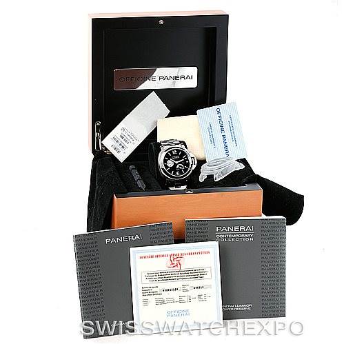 The image shows a Panerai Luminor PAM00171 Men's Titanium Black Dial PAM00171 Men's Titanium Black Dial watch in its box, along with manuals, warranty card, and cleaning cloths.