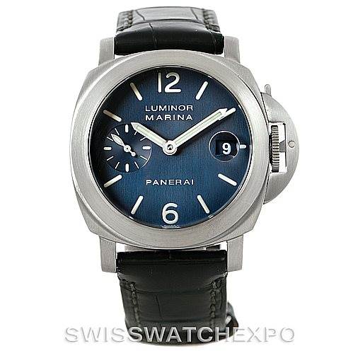 The image shows a Panerai Luminor PAM119 Men
s Stainless Steel Blue Dial PAM119 Men
s Stainless Steel Blue Dial Marina watch from a front angle, featuring its dial, crown guard, and leather strap.