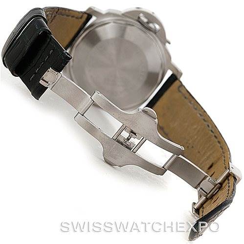 The image shows the rear view of a Panerai Luminor PAM119 Men
s Stainless Steel Blue Dial PAM119 Men
s Stainless Steel Blue Dial watch, focusing on the watch
s back case and leather strap with a folding clasp.