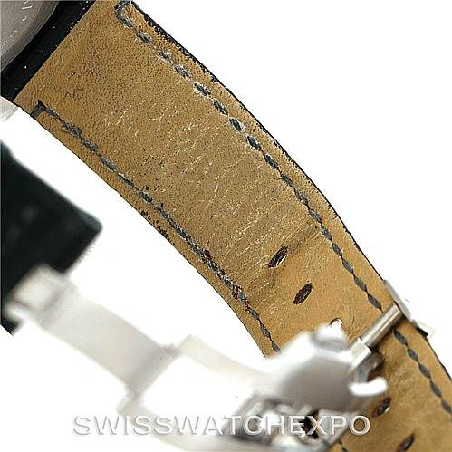 This close-up image shows the leather strap and clasp of a Panerai Luminor PAM119 Men
s Stainless Steel Blue Dial PAM119 Men
s Stainless Steel Blue Dial watch.