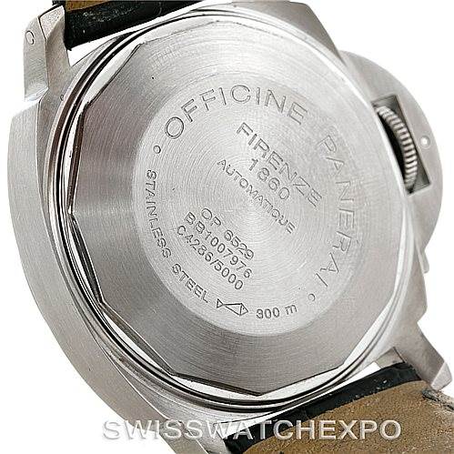 This image shows the back side of a Panerai Luminor PAM119 Men
s Stainless Steel Blue Dial PAM119 Men
s Stainless Steel Blue Dial watch, highlighting the inscriptions and the stainless steel case.