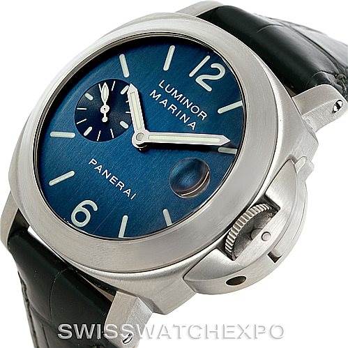 The image shows a close-up angled view of the Panerai Luminor PAM119 Men
s Stainless Steel Blue Dial PAM119 Men
s Stainless Steel Blue Dial watch, highlighting its blue dial, crown guard, and leather strap.