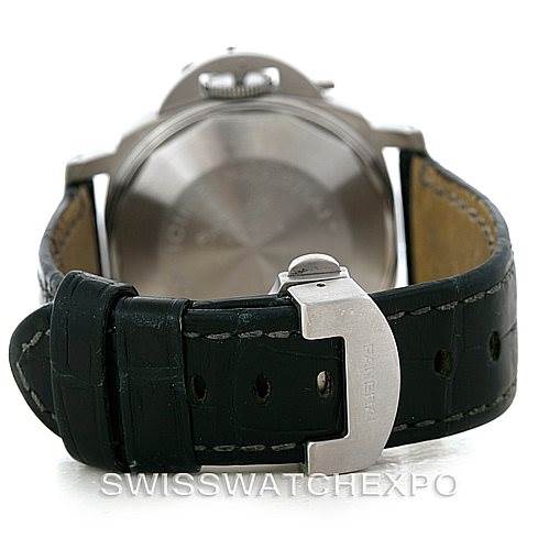 This image shows the back view of a Panerai Luminor PAM119 Men
s Stainless Steel Blue Dial PAM119 Men
s Stainless Steel Blue Dial watch, focusing on the leather strap and clasp.