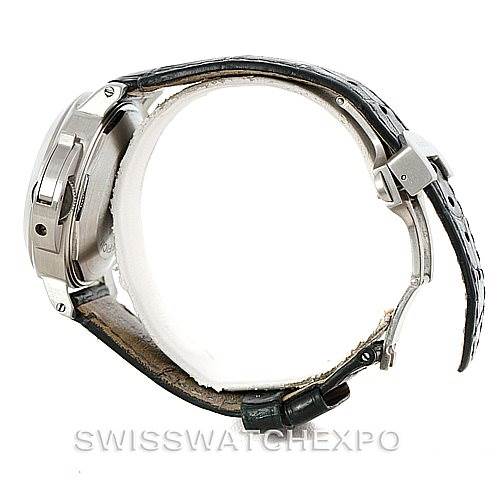 This image shows a side profile of the Panerai Luminor PAM119 Men
s Stainless Steel Blue Dial PAM119 Men
s Stainless Steel Blue Dial watch, highlighting its casing and leather strap.