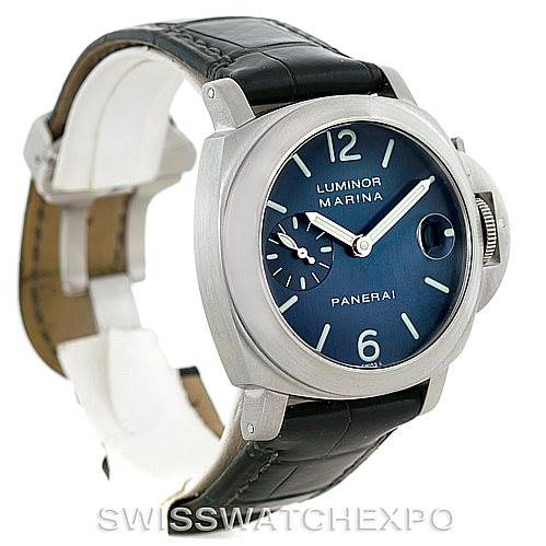 The image shows a Panerai Luminor PAM119 Men
s Stainless Steel Blue Dial PAM119 Men
s Stainless Steel Blue Dial Marina watch angled to display its face and side, highlighting the dial, hands, crown, and leather strap.
