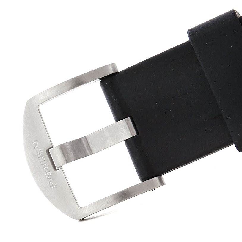 This image shows a close-up of the stainless steel buckle and black strap of a Panerai Luminor PAM00086 Men's Stainless Steel Black Dial PAM00086 Men's Stainless Steel Black Dial watch.