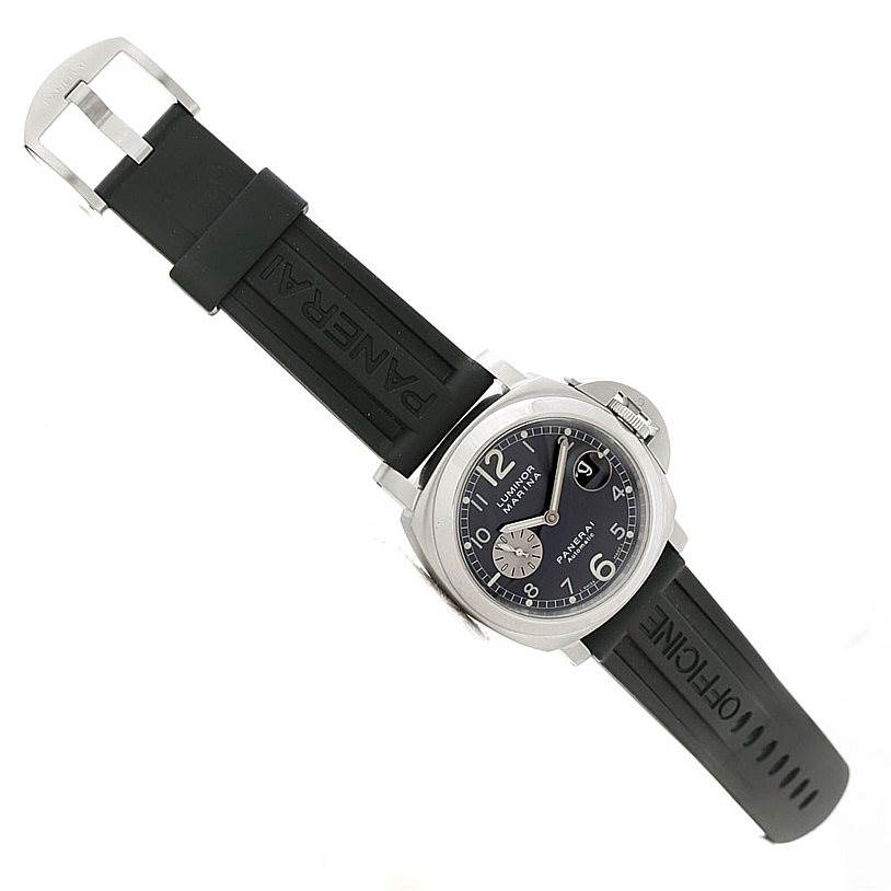 The image shows a Panerai Luminor PAM00086 Men's Stainless Steel Black Dial PAM00086 Men's Stainless Steel Black Dial watch at an angled top view, displaying the dial, case, and rubber strap.