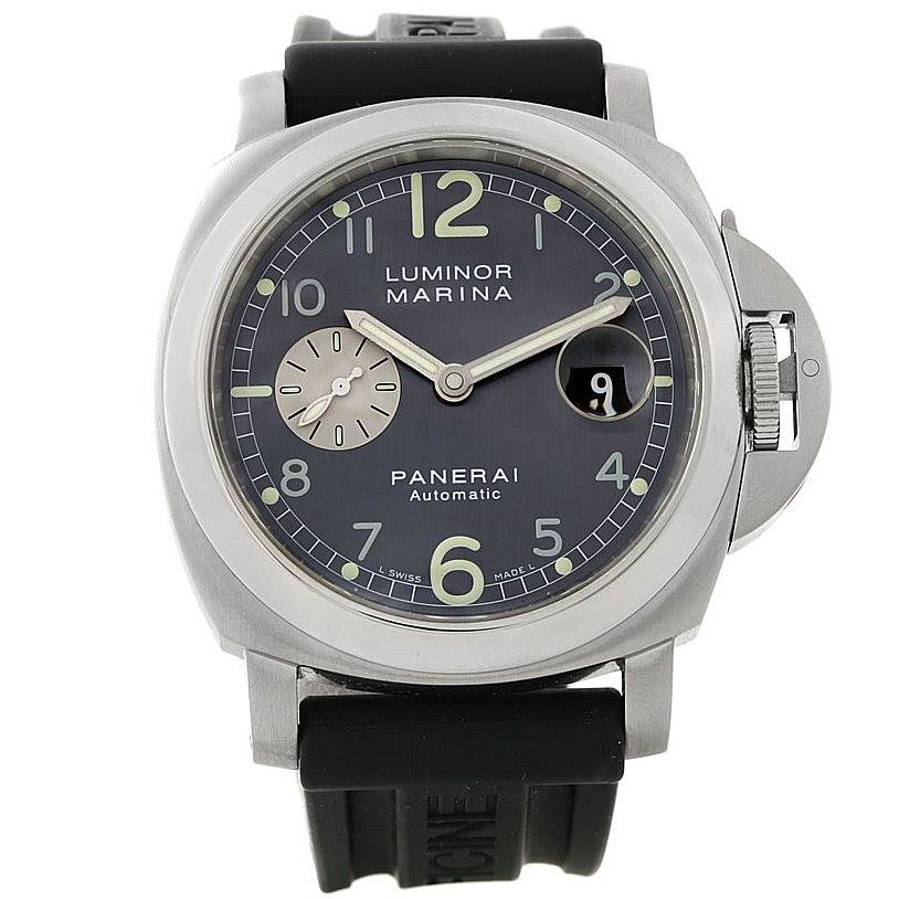 This image shows a front view of the Panerai Luminor PAM00086 Men's Stainless Steel Black Dial PAM00086 Men's Stainless Steel Black Dial Marina timepiece with its face, bezel, and strap clearly visible.