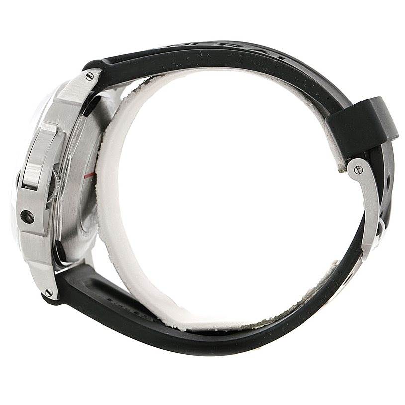 The side view of the Panerai Luminor PAM00086 Men's Stainless Steel Black Dial PAM00086 Men's Stainless Steel Black Dial watch highlights its case, crown guard, and black rubber strap with clasp.