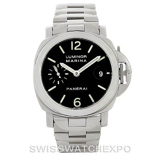 The image shows a front view of the Panerai Luminor PAM048 Men's Stainless Steel Black Dial PAM048 Men's Stainless Steel Black Dial watch, displaying the face, bezel, crown guard, and part of the stainless steel bracelet.