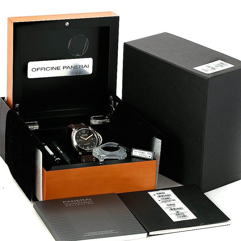 The image shows a Panerai Luminor PAM00351 Men's Titanium Brown Dial PAM00351 Men's Titanium Brown Dial watch in its box, along with additional straps, tools, and manuals.