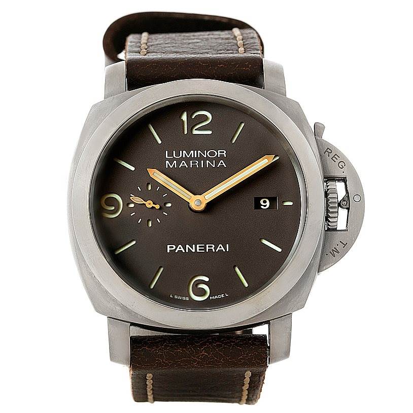 This image shows a front view of the Panerai Luminor PAM00351 Men's Titanium Brown Dial PAM00351 Men's Titanium Brown Dial Marina watch with a brown leather strap, dial, and visible crown guard.