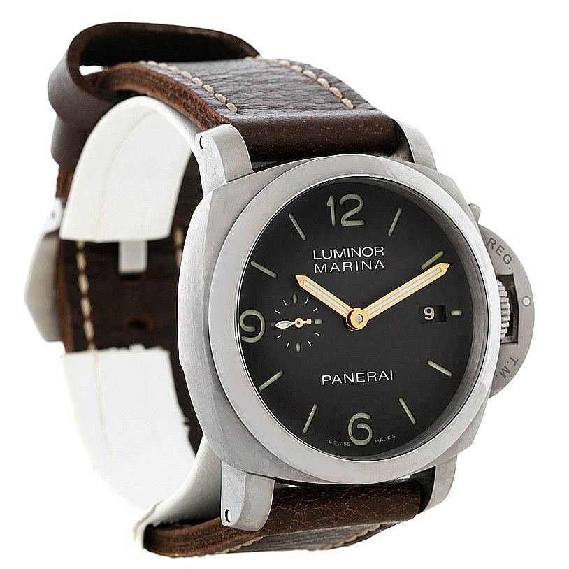 The image shows a Panerai Luminor PAM00351 Men's Titanium Brown Dial PAM00351 Men's Titanium Brown Dial watch from a slightly angled side view, displaying its face, crown guard, and brown leather strap.