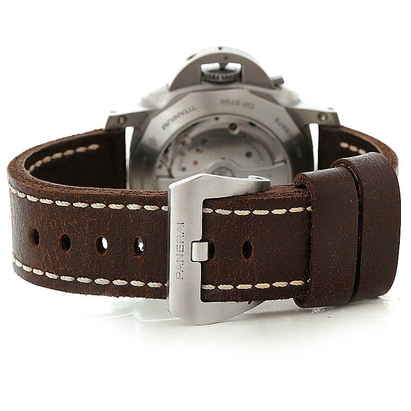 The image shows the back of the Panerai Luminor PAM00351 Men's Titanium Brown Dial PAM00351 Men's Titanium Brown Dial watch, highlighting the leather strap and stainless steel buckle with the Panerai engraving.