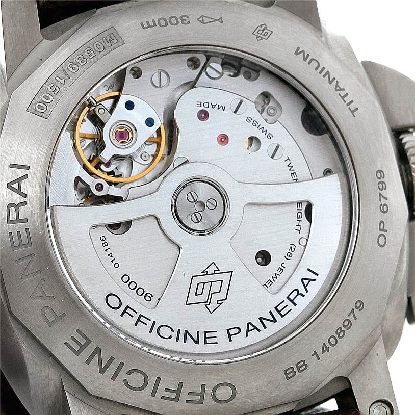 The image shows the back view of a Panerai Luminor PAM00351 Men's Titanium Brown Dial PAM00351 Men's Titanium Brown Dial watch, revealing its inner mechanical movement and markings.