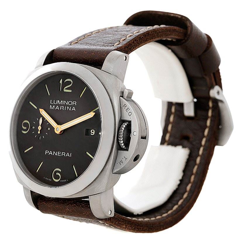 The image shows a side angle of the Panerai Luminor PAM00351 Men's Titanium Brown Dial PAM00351 Men's Titanium Brown Dial model, highlighting its dial, crown guard, and brown leather strap.