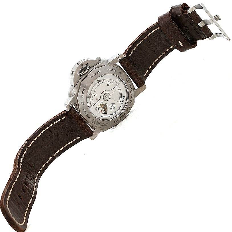 This image shows the back view of a Panerai Luminor PAM00351 Men's Titanium Brown Dial PAM00351 Men's Titanium Brown Dial watch, highlighting the mechanical movement and the leather strap.