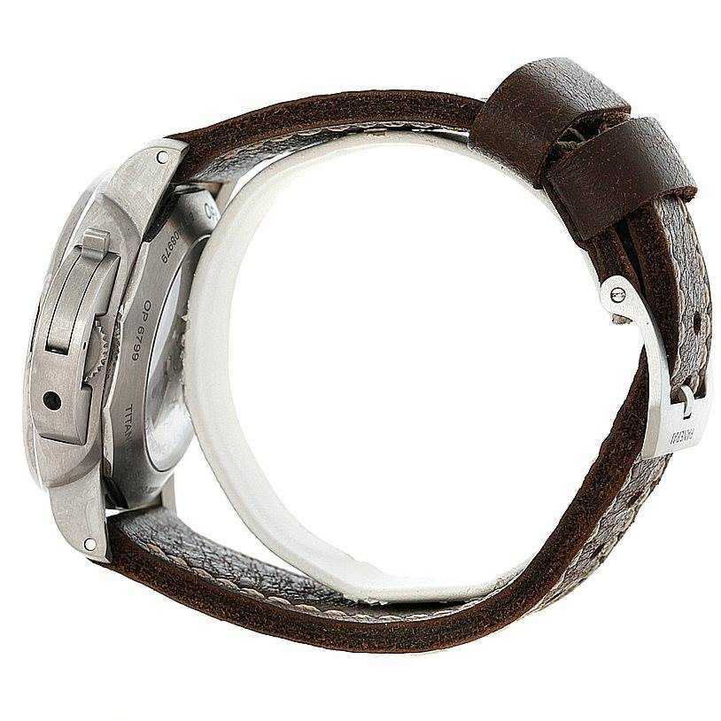 The image shows a side view of a Panerai Luminor PAM00351 Men's Titanium Brown Dial PAM00351 Men's Titanium Brown Dial watch displaying the case back, crown guard, and leather strap.